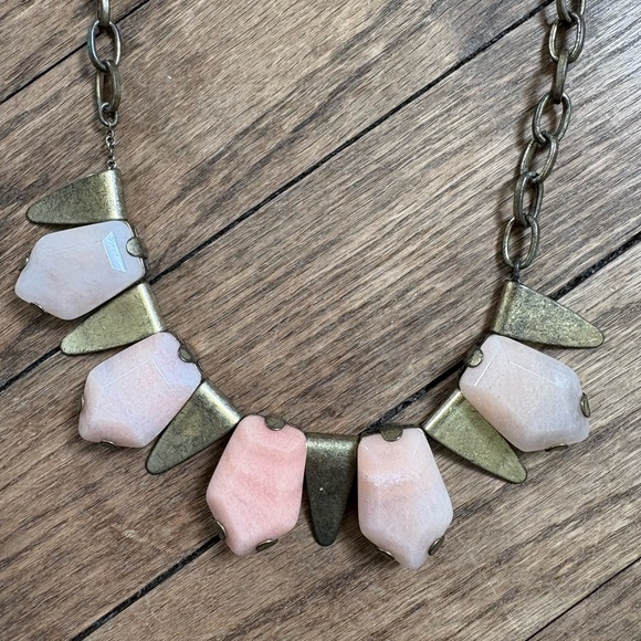 Vintage J. Crew Brass/Gold and Pink Quartz Geometric Necklace - Picture 2 of 3